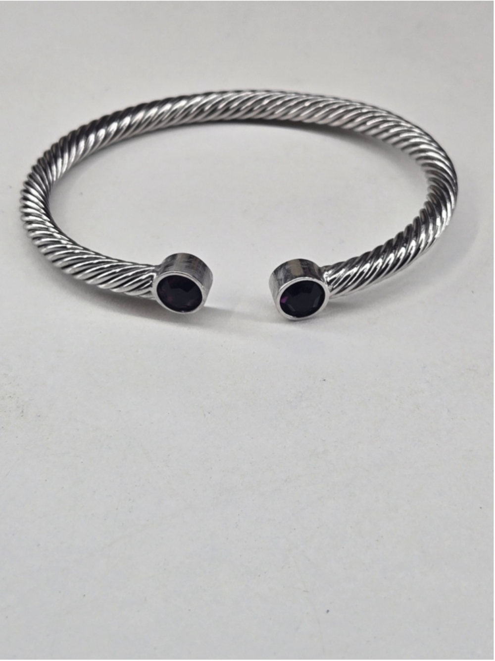 Cable Cuff Bracelet Unknown Maker's Mark Purple Glass Stones Adjustable Classic